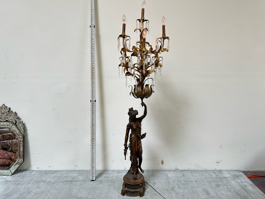 Impressive Vintage Bronze Figural Lady Holding A Chandelier Standing Torchiere Floor Lamp 69'H [Photo 2]