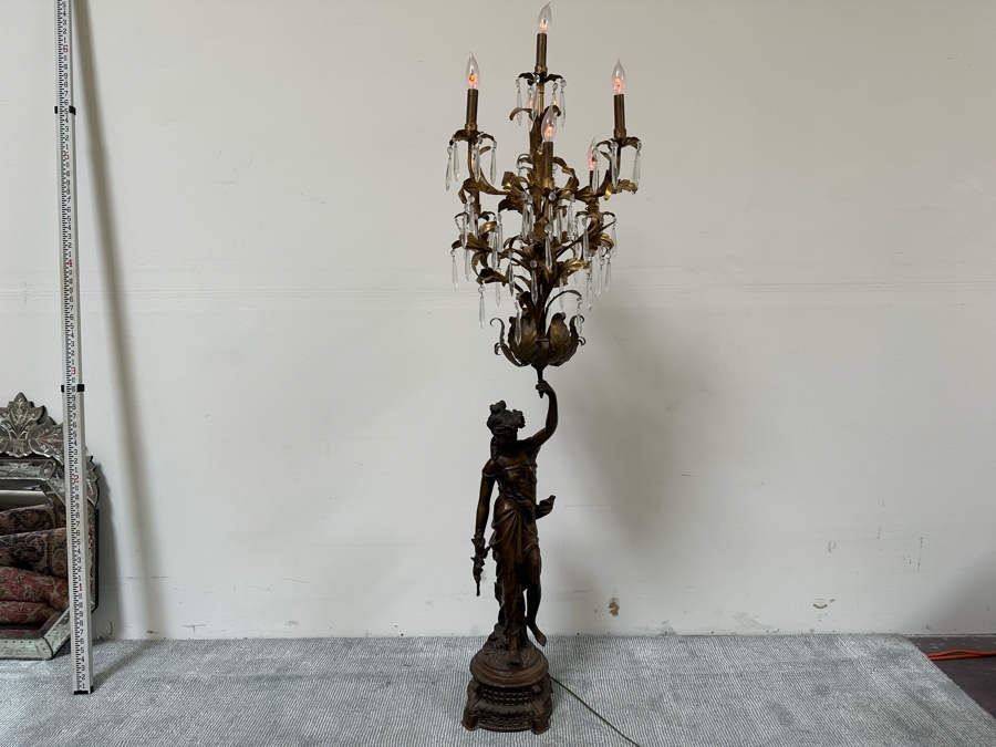Impressive Vintage Bronze Figural Lady Holding A Chandelier Standing Torchiere Floor Lamp 69'H [Photo 5]