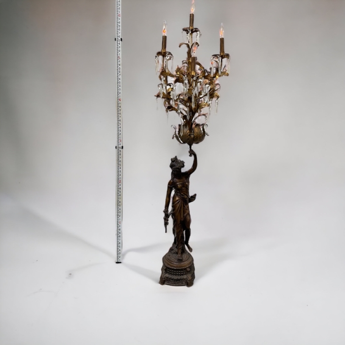 Impressive Vintage Bronze Figural Lady Holding A Chandelier Standing Torchiere Floor Lamp 69'H