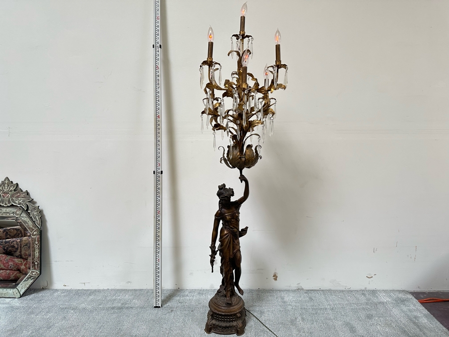 Impressive Vintage Bronze Figural Lady Holding A Chandelier Standing Torchiere Floor Lamp 69'H [Photo 3]