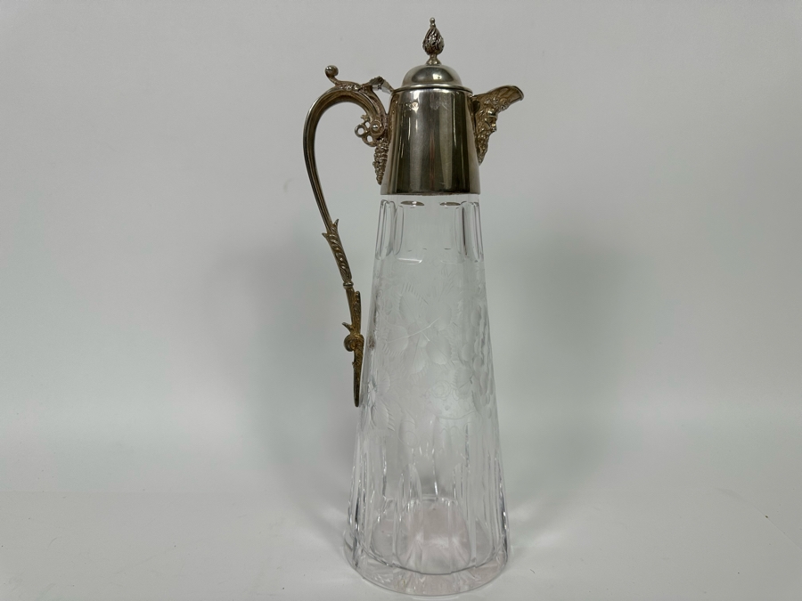 Antique Sterling Silver Mounted English Hallmarks Etched Crystal Claret Jug With Grape Motif Weighs 1,309g [Photo 6]