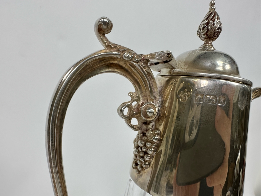 Antique Sterling Silver Mounted English Hallmarks Etched Crystal Claret Jug With Grape Motif Weighs 1,309g [Photo 14]