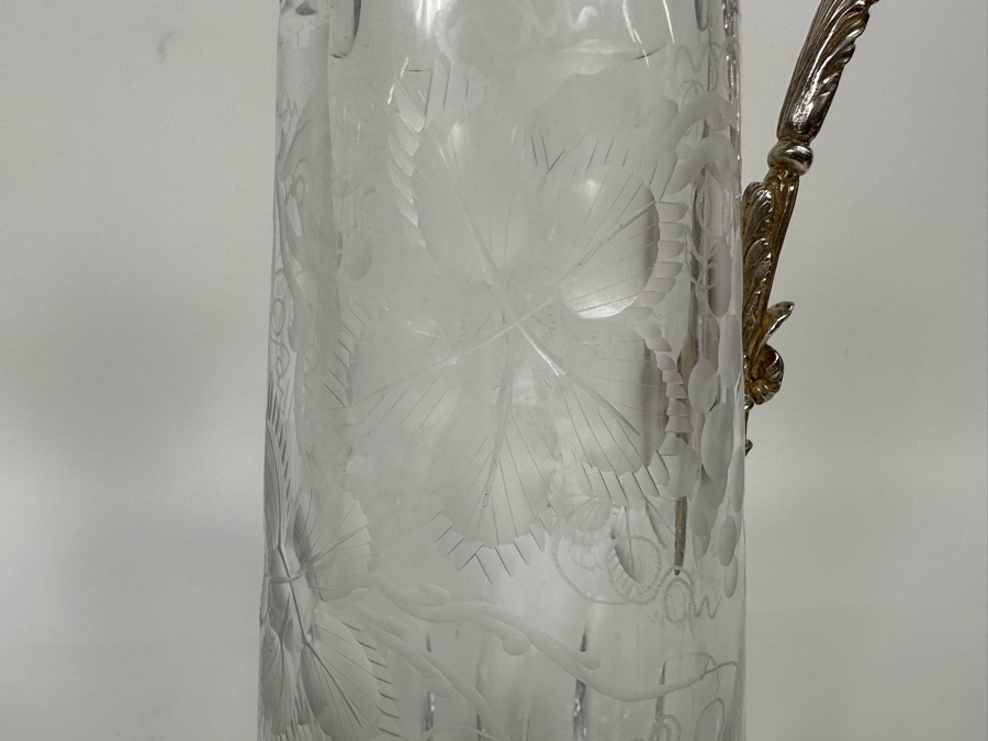 Antique Sterling Silver Mounted English Hallmarks Etched Crystal Claret Jug With Grape Motif Weighs 1,309g [Photo 19]