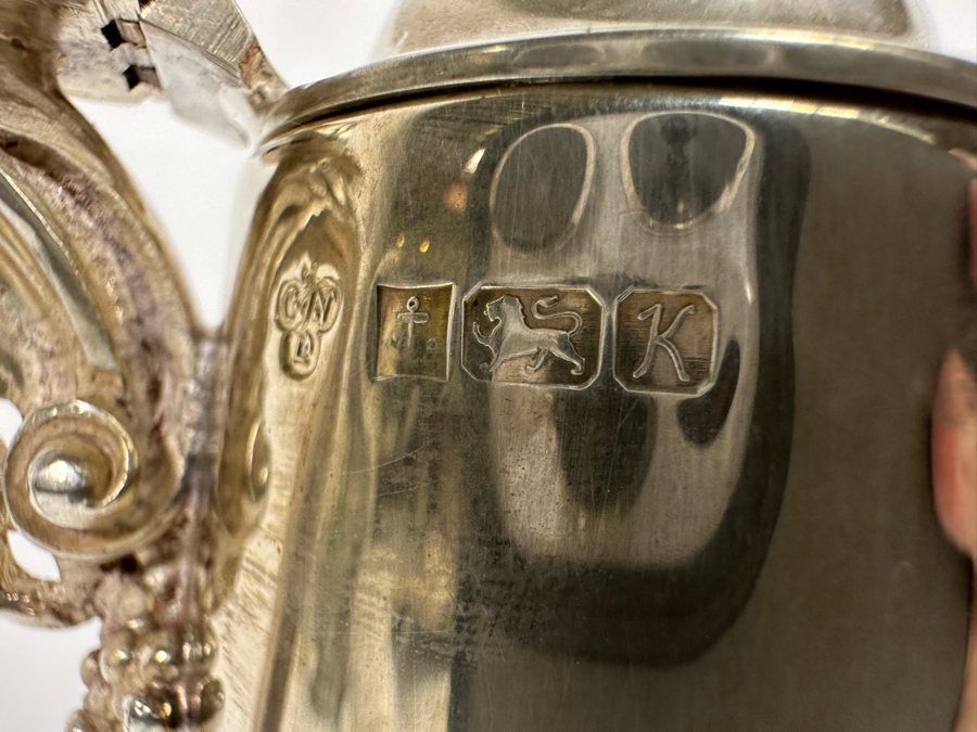 Antique Sterling Silver Mounted English Hallmarks Etched Crystal Claret Jug With Grape Motif Weighs 1,309g [Photo 9]