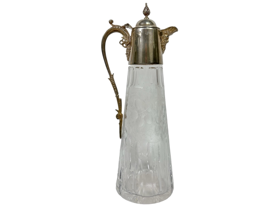 Antique Sterling Silver Mounted English Hallmarks Etched Crystal Claret Jug With Grape Motif Weighs 1,309g [Photo 2]