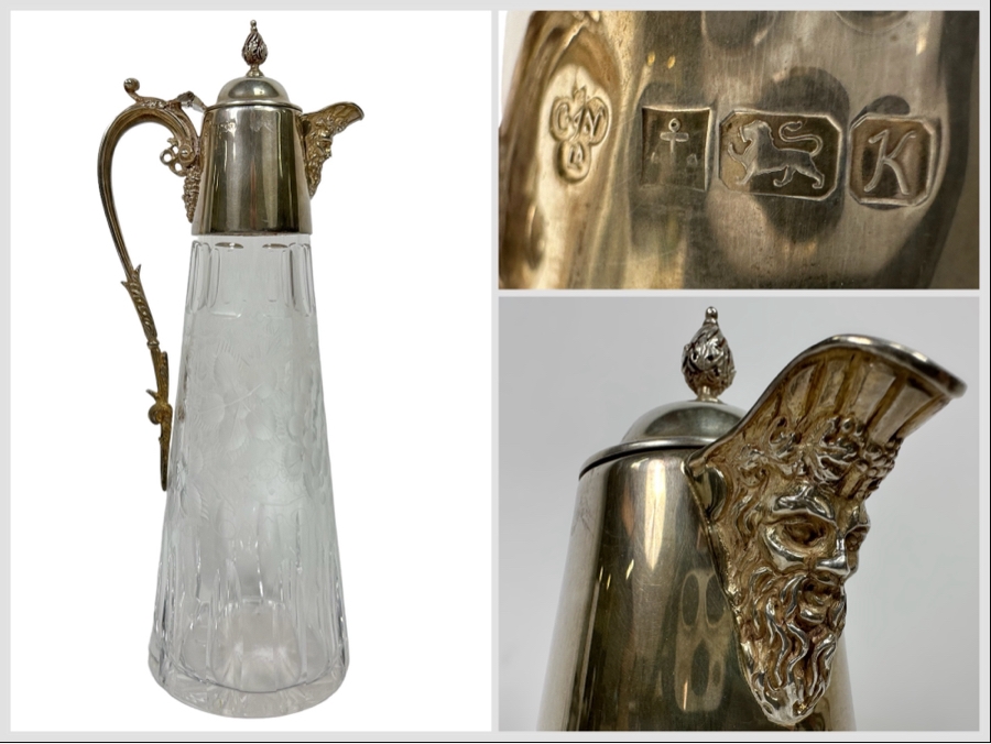 Antique Sterling Silver Mounted English Hallmarks Etched Crystal Claret Jug With Grape Motif Weighs 1,309g