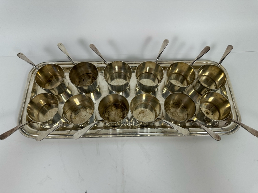Vintage Set Of Twelve Christofle Silverplate Brandy Warmer Mini Sauce Pans With Handles Barware 2R X 1.25H With Silverplate Serving Tray 16 X 6 [Photo 9]