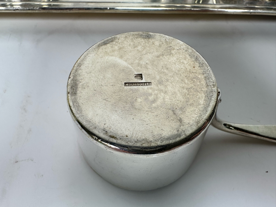 Vintage Set Of Twelve Christofle Silverplate Brandy Warmer Mini Sauce Pans With Handles Barware 2R X 1.25H With Silverplate Serving Tray 16 X 6 [Photo 10]