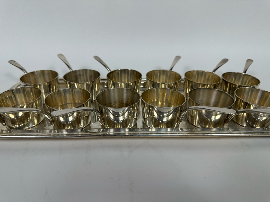 Vintage Set Of Twelve Christofle Silverplate Brandy Warmer Mini Sauce Pans With Handles Barware 2R X 1.25H With Silverplate Serving Tray 16 X 6 [Photo 4]