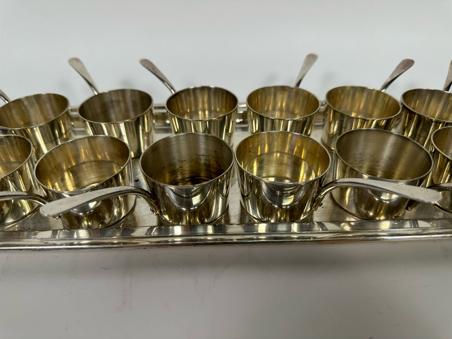 Vintage Set Of Twelve Christofle Silverplate Brandy Warmer Mini Sauce Pans With Handles Barware 2R X 1.25H With Silverplate Serving Tray 16 X 6 [Photo 7]