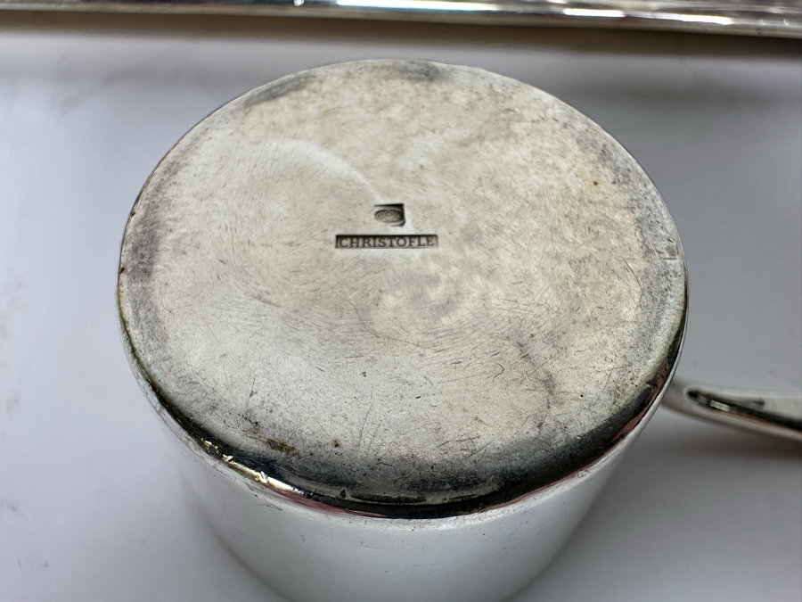 Vintage Set Of Twelve Christofle Silverplate Brandy Warmer Mini Sauce Pans With Handles Barware 2R X 1.25H With Silverplate Serving Tray 16 X 6 [Photo 11]