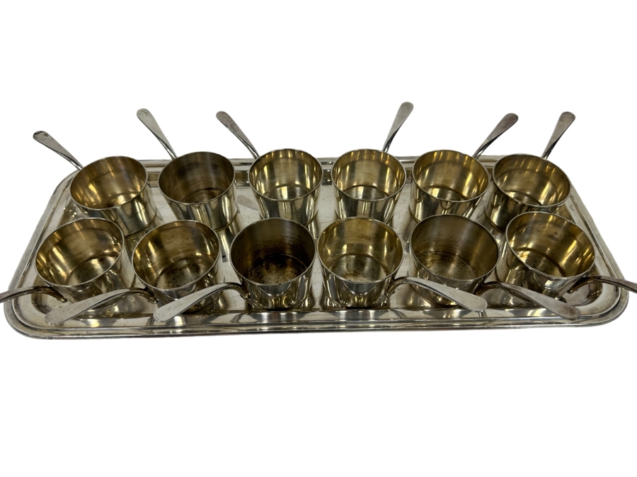 Vintage Set Of Twelve Christofle Silverplate Brandy Warmer Mini Sauce Pans With Handles Barware 2R X 1.25H With Silverplate Serving Tray 16 X 6 [Photo 2]
