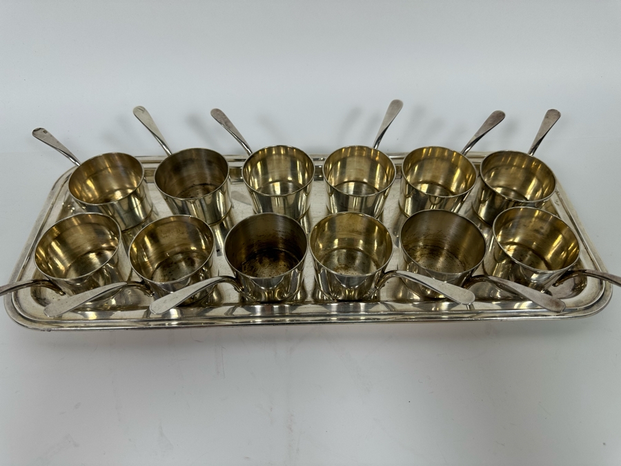 Vintage Set Of Twelve Christofle Silverplate Brandy Warmer Mini Sauce Pans With Handles Barware 2R X 1.25H With Silverplate Serving Tray 16 X 6 [Photo 5]