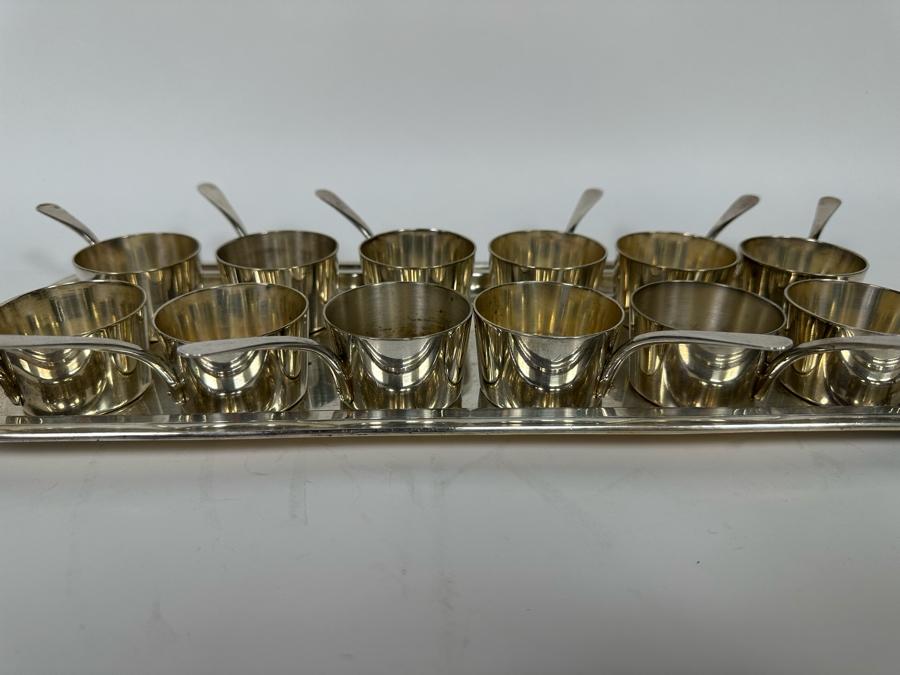 Vintage Set Of Twelve Christofle Silverplate Brandy Warmer Mini Sauce Pans With Handles Barware 2R X 1.25H With Silverplate Serving Tray 16 X 6 [Photo 8]