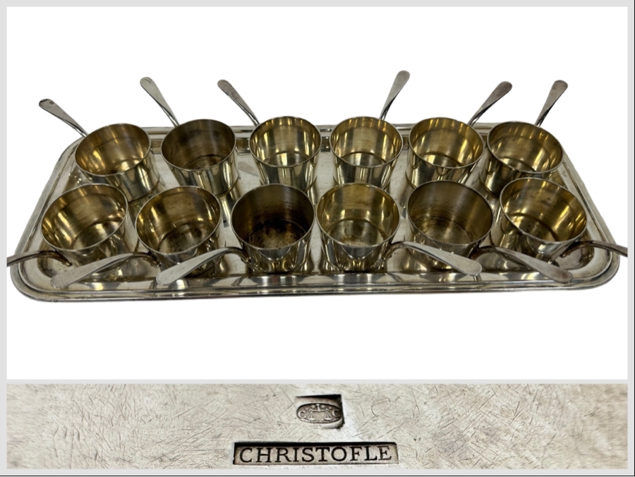 Vintage Set Of Twelve Christofle Silverplate Brandy Warmer Mini Sauce Pans With Handles Barware 2R X 1.25H With Silverplate Serving Tray 16 X 6 [Photo 1]