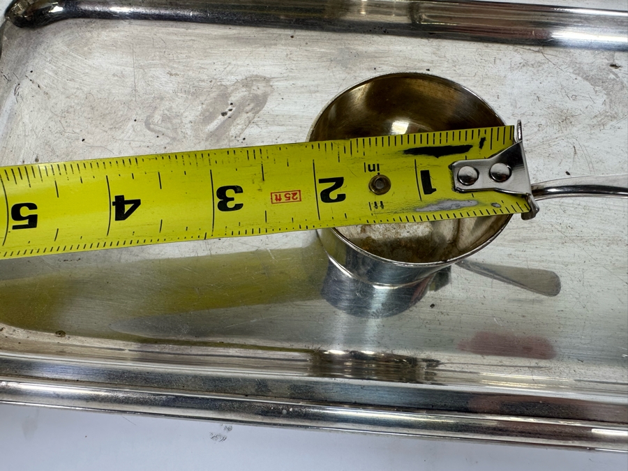 Vintage Set Of Twelve Christofle Silverplate Brandy Warmer Mini Sauce Pans With Handles Barware 2R X 1.25H With Silverplate Serving Tray 16 X 6 [Photo 16]