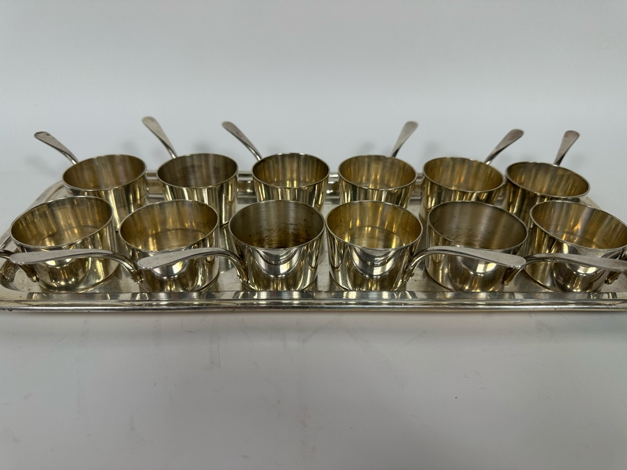Vintage Set Of Twelve Christofle Silverplate Brandy Warmer Mini Sauce Pans With Handles Barware 2R X 1.25H With Silverplate Serving Tray 16 X 6 [Photo 3]