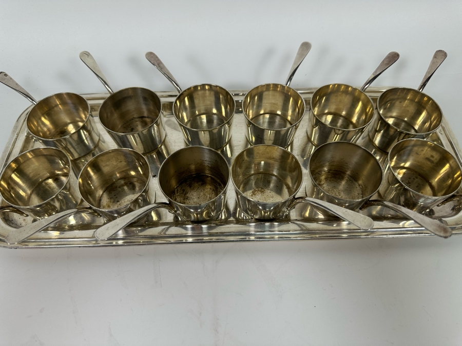 Vintage Set Of Twelve Christofle Silverplate Brandy Warmer Mini Sauce Pans With Handles Barware 2R X 1.25H With Silverplate Serving Tray 16 X 6 [Photo 6]