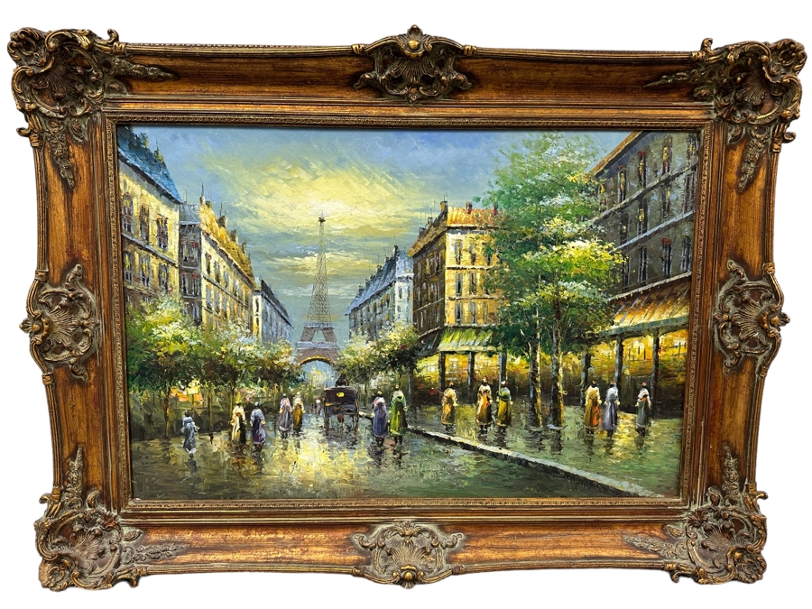 Original Oil Painting Of Paris France Eiffel Tower On Canvas 36 X 24 Framed 45 X 34