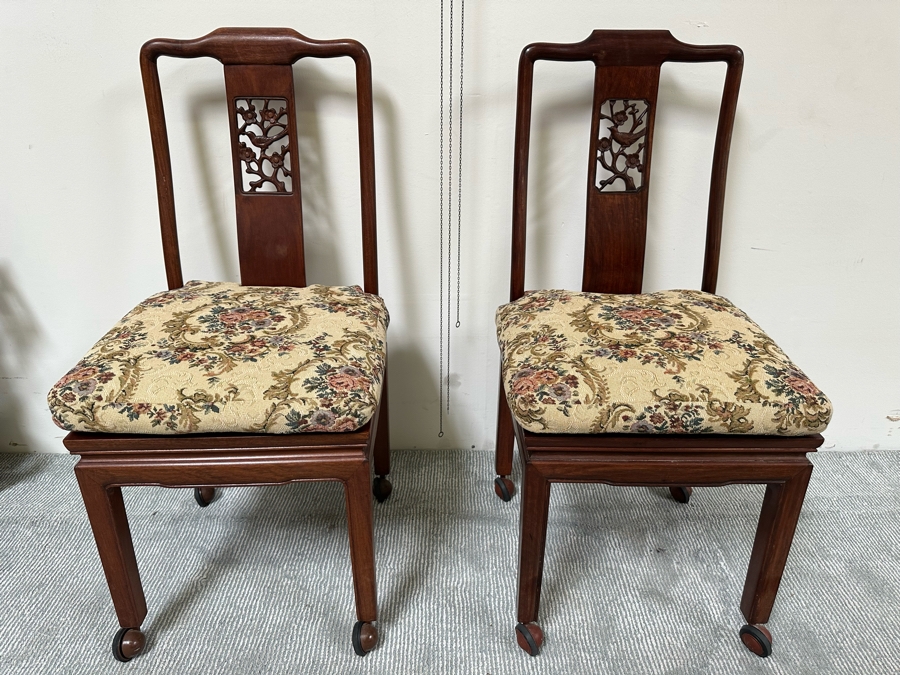 Pair Of Vintage Chinese Wooden Side Chairs With Casters [Photo 2]