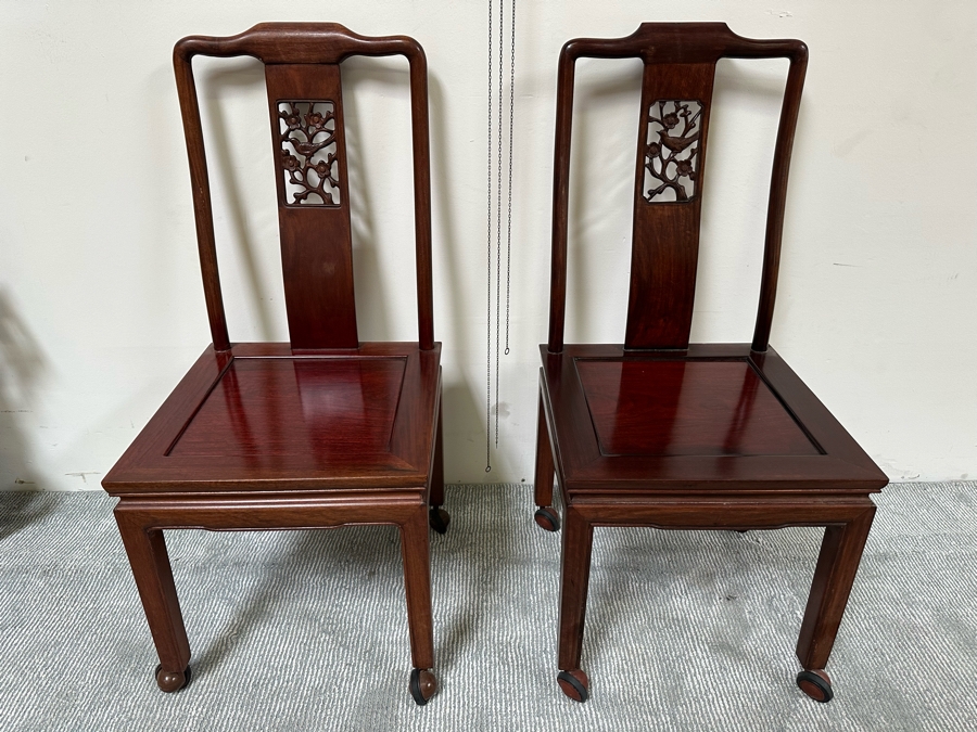 Pair Of Vintage Chinese Wooden Side Chairs With Casters [Photo 8]