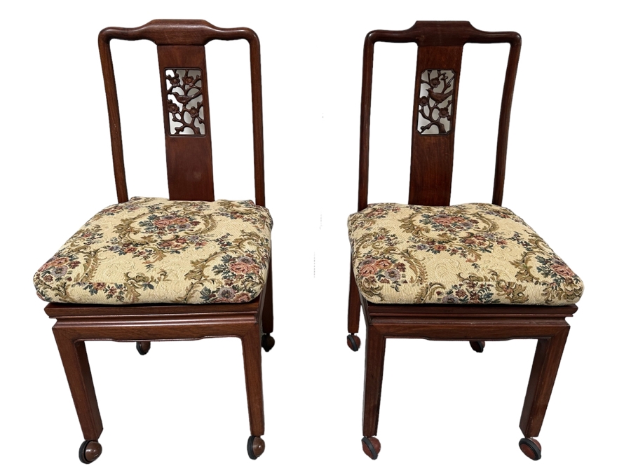 Pair Of Vintage Chinese Wooden Side Chairs With Casters