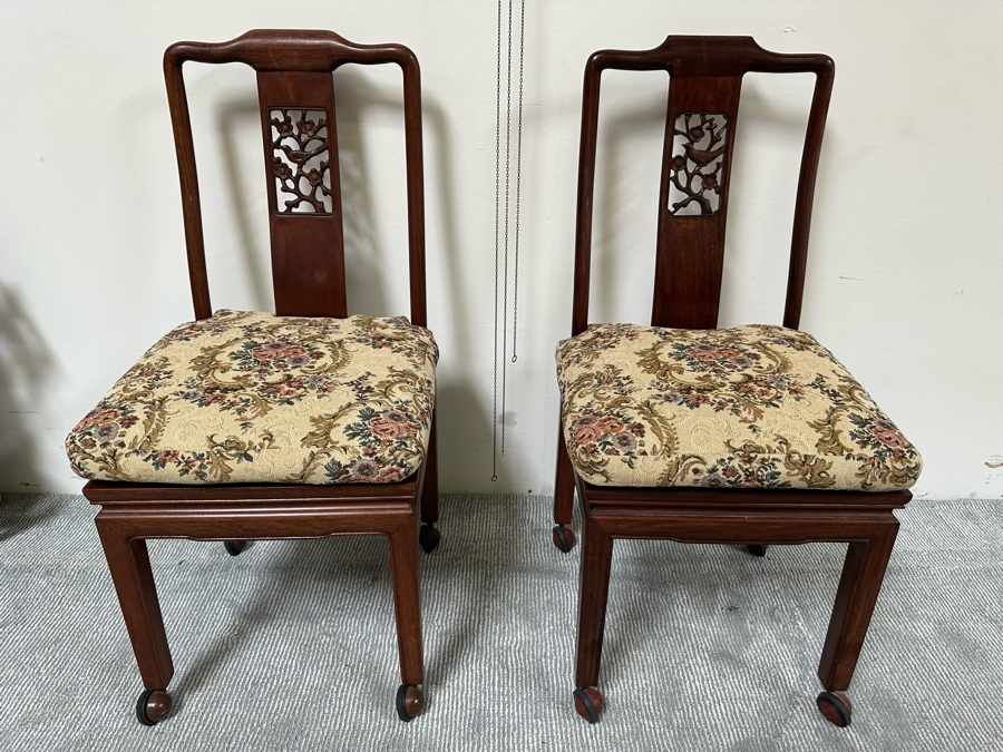 Pair Of Vintage Chinese Wooden Side Chairs With Casters [Photo 3]