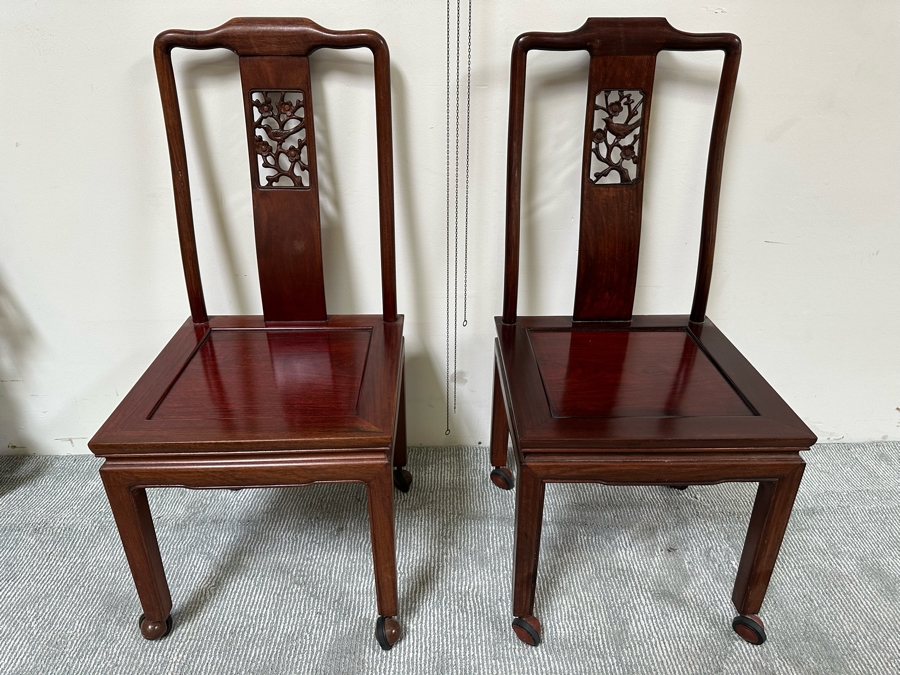 Pair Of Vintage Chinese Wooden Side Chairs With Casters [Photo 9]