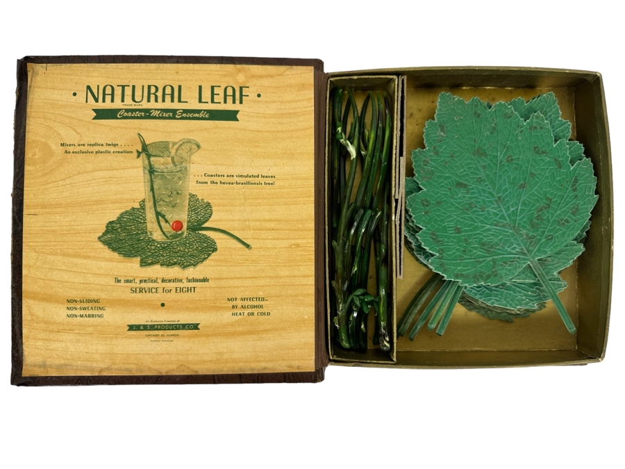 Mid-Century Barware Natural Leaf Coasters / Mixers Ensemble With Twig Mixers And Leaf Coasters With Original Box [Photo 1]