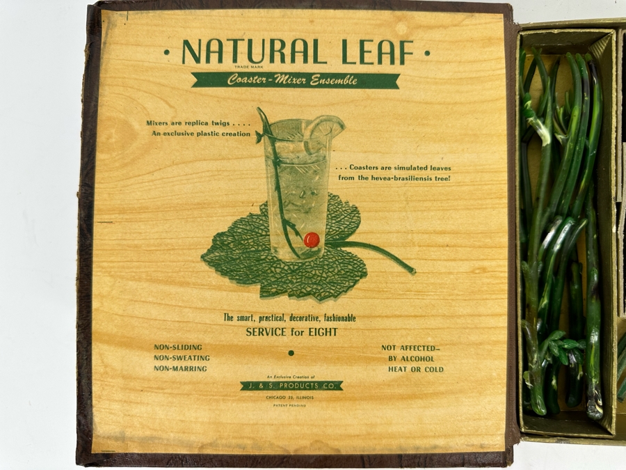 Mid-Century Barware Natural Leaf Coasters / Mixers Ensemble With Twig Mixers And Leaf Coasters With Original Box [Photo 3]