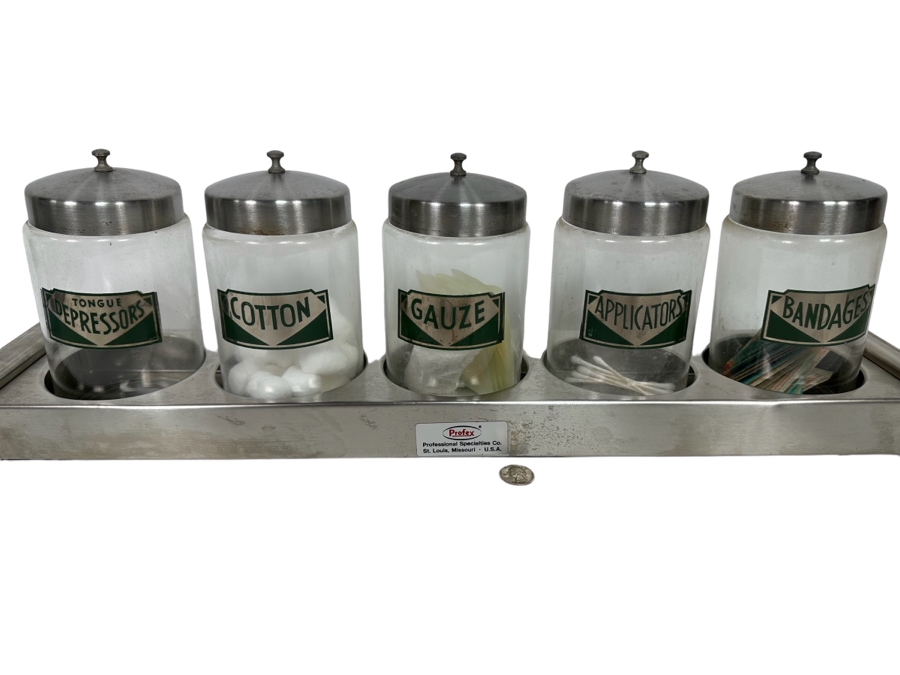 Vintage Lidded Medical Sundry Jars By Kalon 8H With Stainless Steel Jar Holder 27.5W X 5D