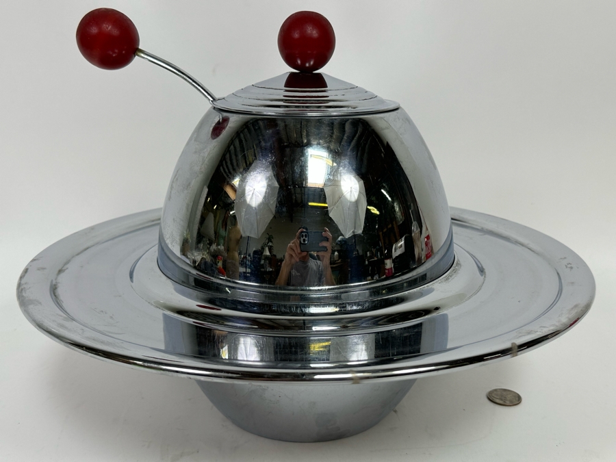 Vintage Art Deco Machine Age Chrome Punch Bowl Space Age Saturn Ring Design With Laddle Chromium Plated Lehman Bros. 14W X 11H [Photo 16]
