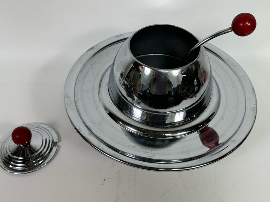 Vintage Art Deco Machine Age Chrome Punch Bowl Space Age Saturn Ring Design With Laddle Chromium Plated Lehman Bros. 14W X 11H [Photo 10]