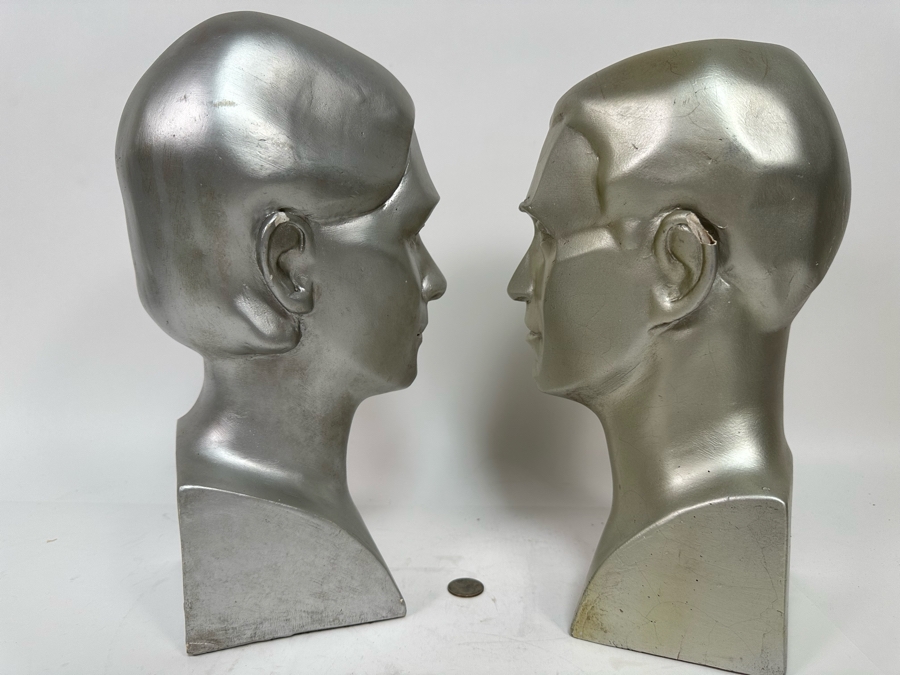 Pair Of Male And Female Busts Sculptures In Plaster Note Some Damage In Photos 6W X 6.5D X 14H [Photo 11]