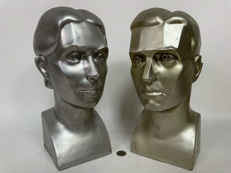 Pair Of Male And Female Busts Sculptures In Plaster Note Some Damage In Photos 6W X 6.5D X 14H [Photo 5]