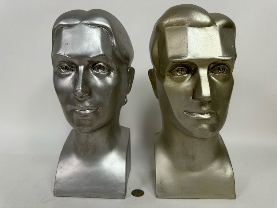 Pair Of Male And Female Busts Sculptures In Plaster Note Some Damage In Photos 6W X 6.5D X 14H [Photo 3]