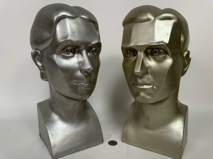 Pair Of Male And Female Busts Sculptures In Plaster Note Some Damage In Photos 6W X 6.5D X 14H [Photo 4]
