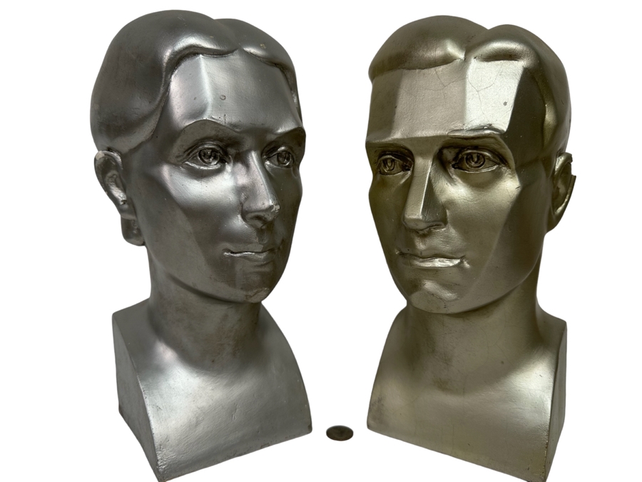 Pair Of Male And Female Busts Sculptures In Plaster Note Some Damage In Photos 6W X 6.5D X 14H [Photo 1]