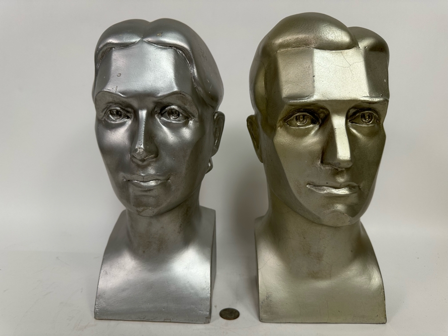 Pair Of Male And Female Busts Sculptures In Plaster Note Some Damage In Photos 6W X 6.5D X 14H [Photo 2]