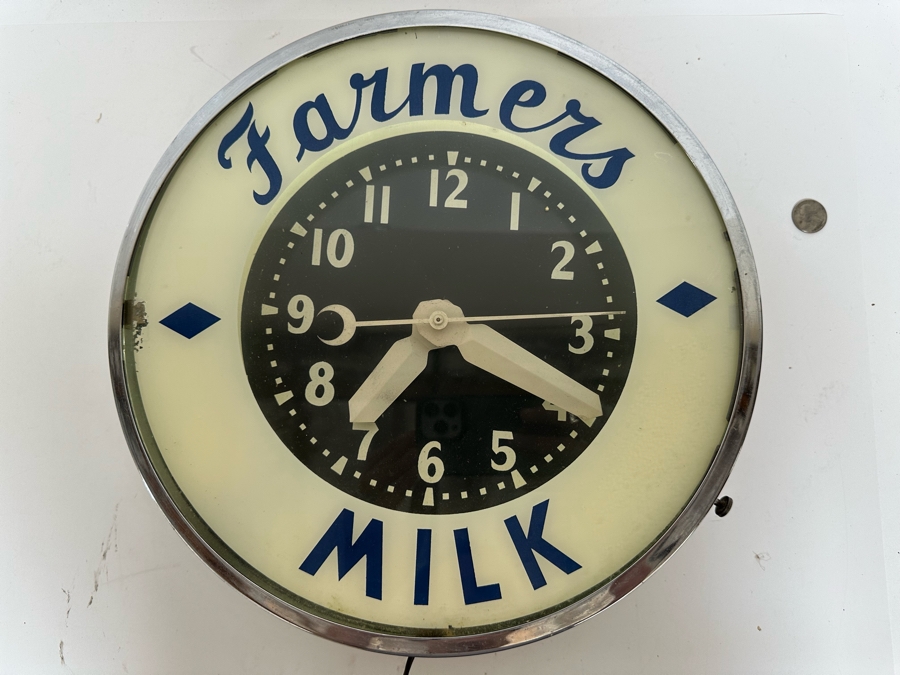 Vintage Art Deco Farmers Milk Advertising Chrome Wall Clock With Neon Light, Light Works, Clock Isn't Working 14.5W X 5D [Photo 9]