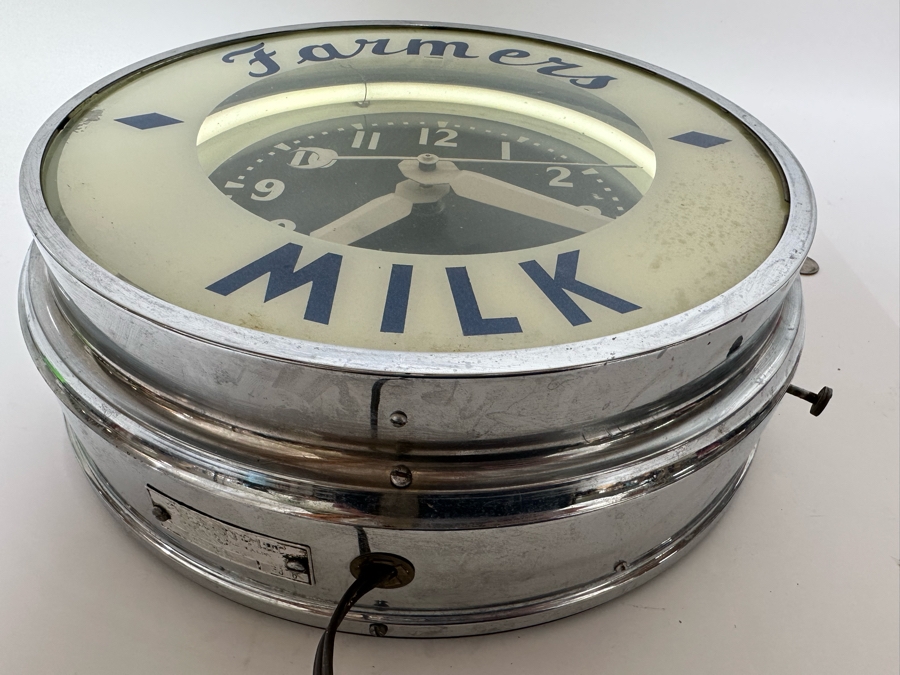 Vintage Art Deco Farmers Milk Advertising Chrome Wall Clock With Neon Light, Light Works, Clock Isn't Working 14.5W X 5D [Photo 7]