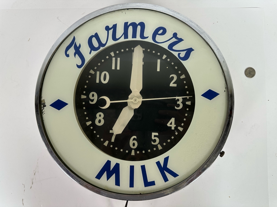 Vintage Art Deco Farmers Milk Advertising Chrome Wall Clock With Neon Light, Light Works, Clock Isn't Working 14.5W X 5D [Photo 2]