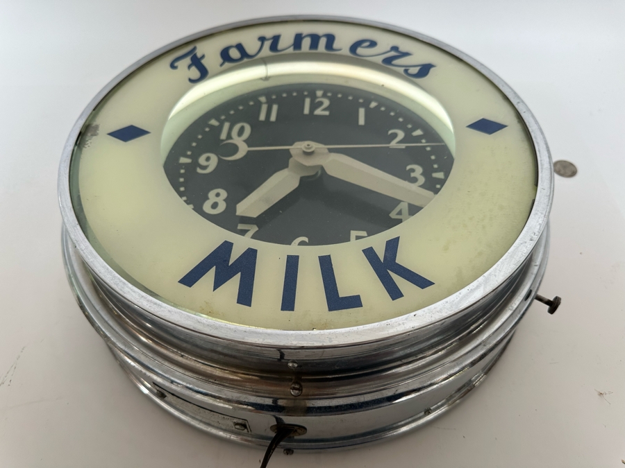 Vintage Art Deco Farmers Milk Advertising Chrome Wall Clock With Neon Light, Light Works, Clock Isn't Working 14.5W X 5D [Photo 8]