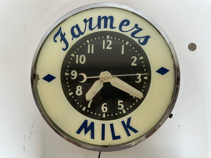 Vintage Art Deco Farmers Milk Advertising Chrome Wall Clock With Neon Light, Light Works, Clock Isn't Working 14.5W X 5D [Photo 5]