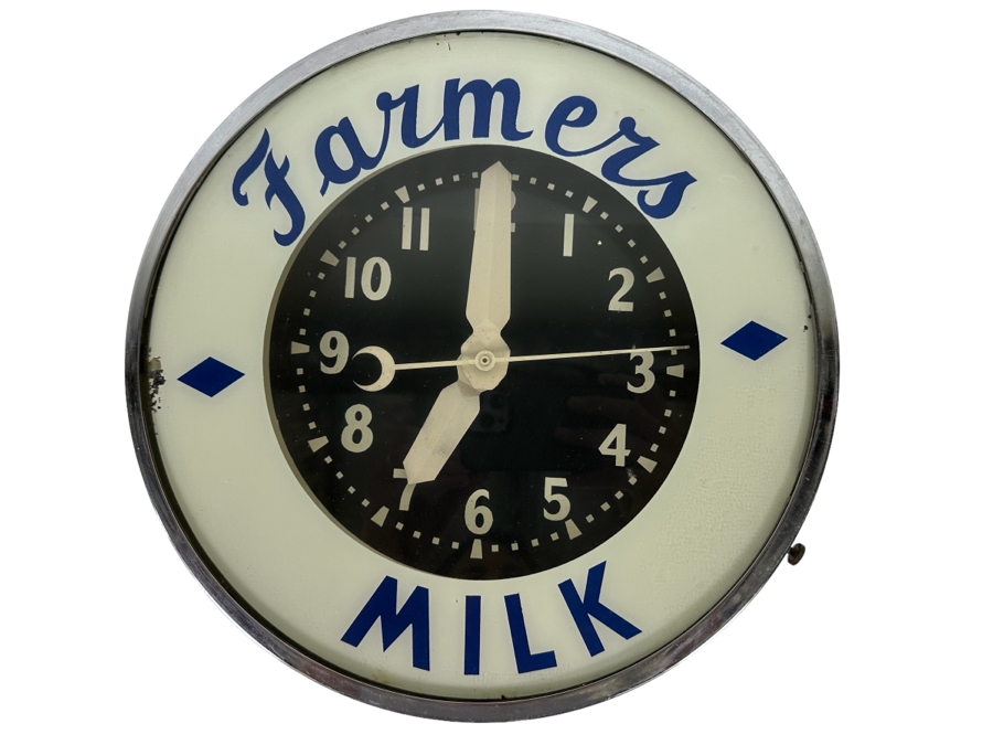 Vintage Art Deco Farmers Milk Advertising Chrome Wall Clock With Neon Light, Light Works, Clock Isn't Working 14.5W X 5D [Photo 1]