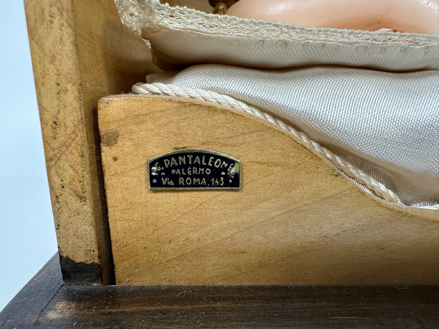 Vintage French Wax Musical Automation Baby Jesus Figure Automaton In Wooden Box Signed G. Pantaleone Palermo Via Roma 143 14.5W X 8D X 9H VIDEO POSTED ON DETAIL PAGE [Photo 6]