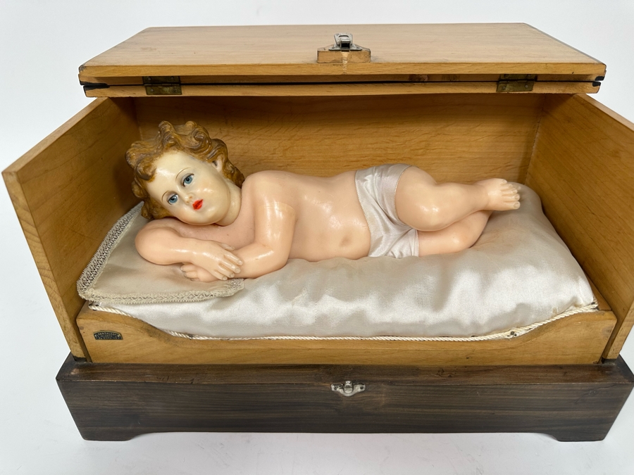Vintage French Wax Musical Automation Baby Jesus Figure Automaton In Wooden Box Signed G. Pantaleone Palermo Via Roma 143 14.5W X 8D X 9H VIDEO POSTED ON DETAIL PAGE [Photo 2]