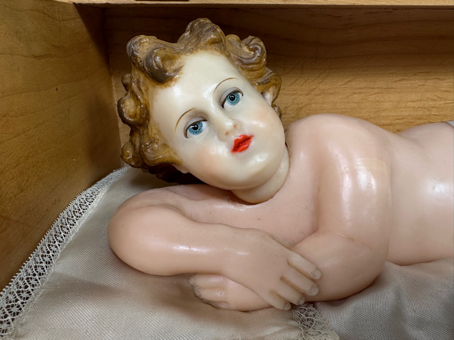 Vintage French Wax Musical Automation Baby Jesus Figure Automaton In Wooden Box Signed G. Pantaleone Palermo Via Roma 143 14.5W X 8D X 9H VIDEO POSTED ON DETAIL PAGE [Photo 8]