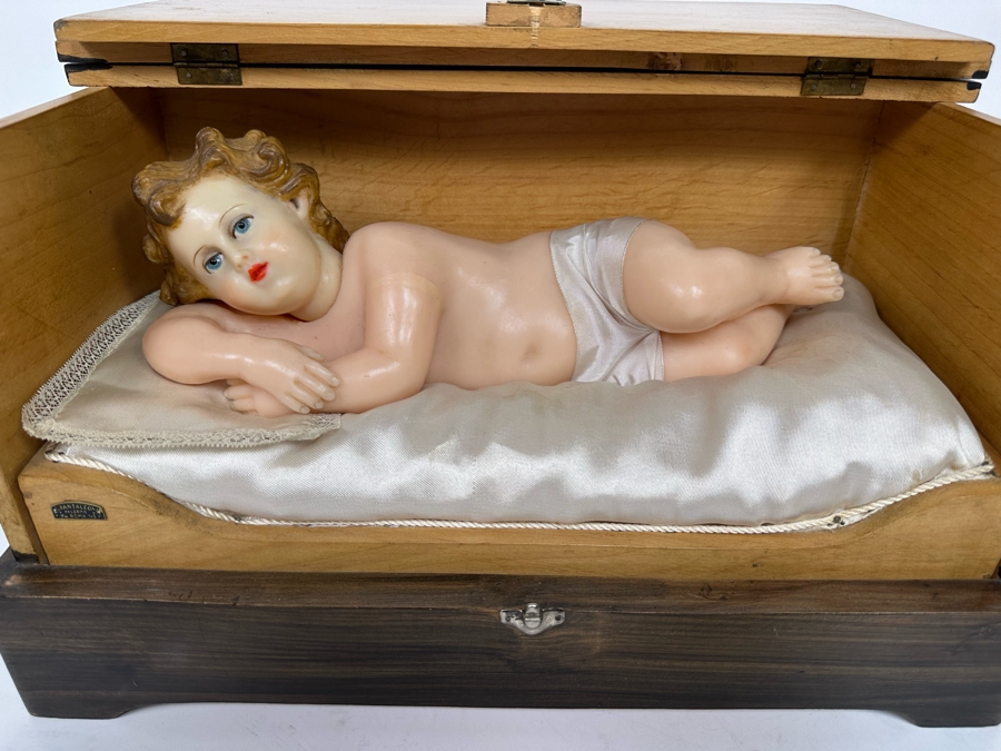 Vintage French Wax Musical Automation Baby Jesus Figure Automaton In Wooden Box Signed G. Pantaleone Palermo Via Roma 143 14.5W X 8D X 9H VIDEO POSTED ON DETAIL PAGE [Photo 4]