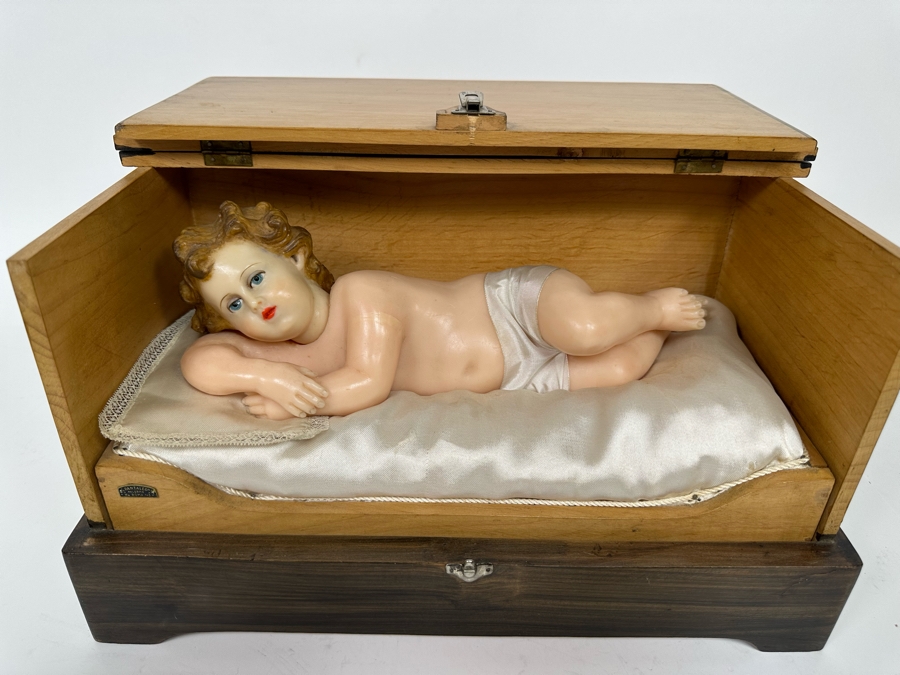 Vintage French Wax Musical Automation Baby Jesus Figure Automaton In Wooden Box Signed G. Pantaleone Palermo Via Roma 143 14.5W X 8D X 9H VIDEO POSTED ON DETAIL PAGE [Photo 3]